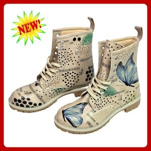 DOGO Butterfly Combat Boots Beige Vegan Leather‎ Graphic Print US 8.5 EU 39
